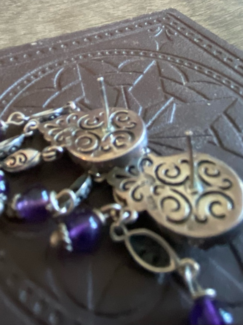 Vintage Sterling Silver Filigree Earrings Mo Pearl Amethyst Drops Hallmarked - Picture 5 of 6